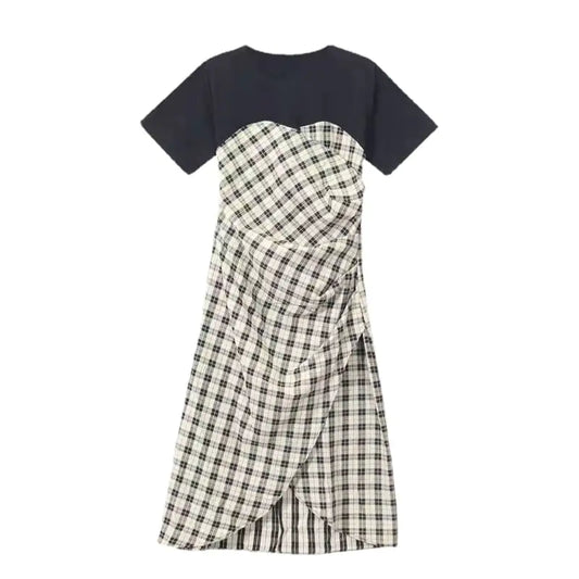 Summer Short Sleeve Splicing Plaid Dress for Women