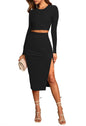 Pink Queen Womens 2 Piece Outfits Set Long Sleeve Crop Top Bodycon Slit Midi Skirt Sets Ribbed Knit Dress Black L