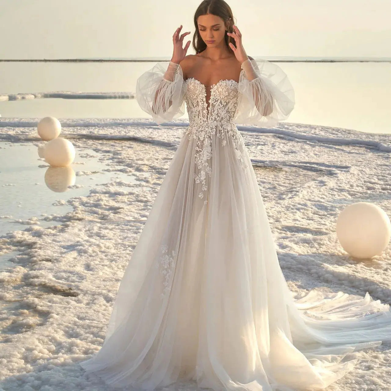 Furrzy Puff Sleeve Beach Wedding Dress for Women