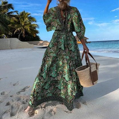 Furrzy Bohemian Style V-Neck Floral Maxi Dress for Women