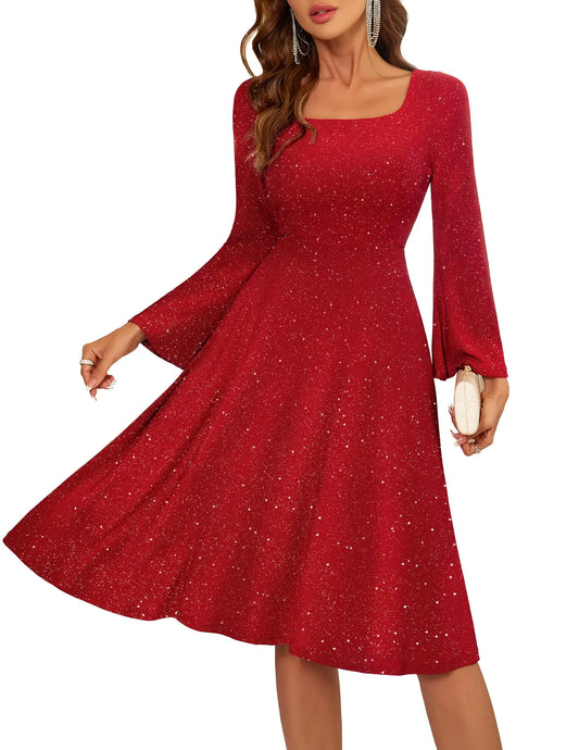 Furrzy Homecoming Dress for Teens Long Sleeve Sequin Dress Square Neck Midi Cocktail Party Formal Dress Glitter Bridesmaid Dresses S006 Red S