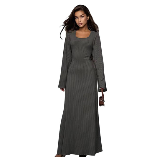Furrzy Womens Scoop Neck Lace Up Ribbed Maxi Dress Knit Flare Sleeve Bodycon Dress Loose Casual Long Dresses Grey