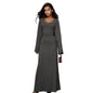 Furrzy Womens Scoop Neck Lace Up Ribbed Maxi Dress Knit Flare Sleeve Bodycon Dress Loose Casual Long Dresses Grey