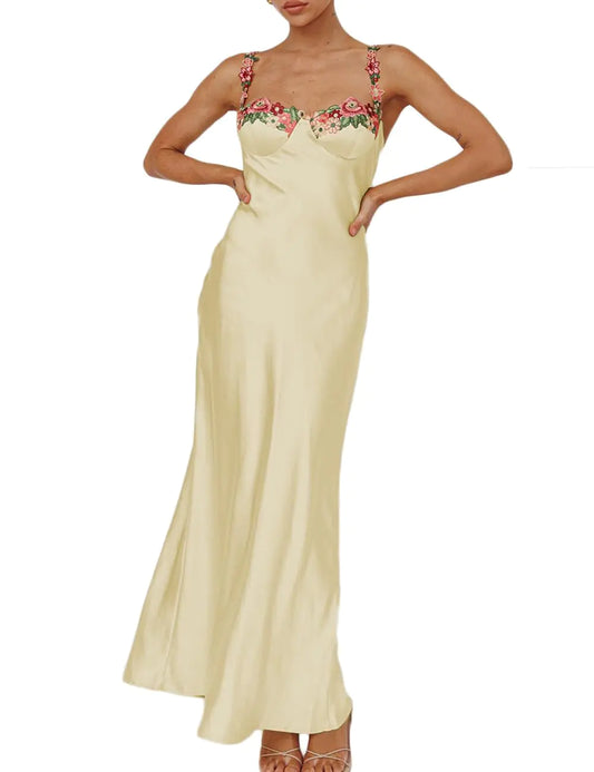 Furrzy Satin Spaghetti Strap Floral Embroidered Maxi Dress for Women Sweetheart Neckline Backless Sleeveless Slit Midi Dress