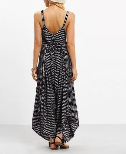 Furrzy Striped Jumpsuit Dress with Spaghetti Straps