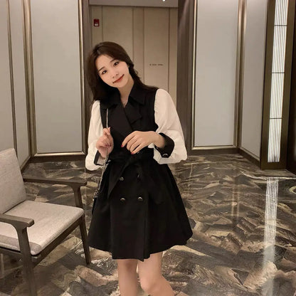 Furrzy Chic Khaki Color Spliced Sleeve Trench Dress