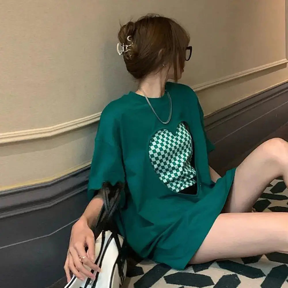 Furrzy Korean Plaid Oversized T-Shirt Two-Piece Set for Women