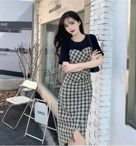 Summer Short Sleeve Splicing Plaid Dress for Women