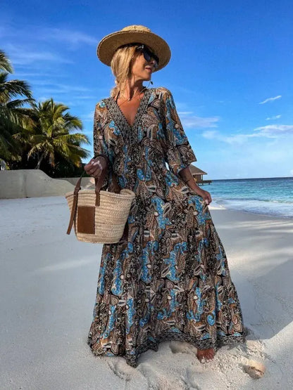Furrzy Bohemian Style V-Neck Floral Maxi Dress for Women