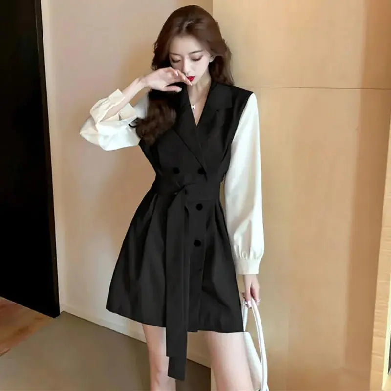 Furrzy Chic Khaki Color Spliced Sleeve Trench Dress