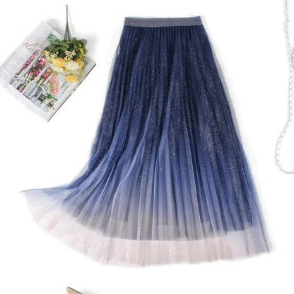 Furrzy High-Waisted Pleated Skirt with Gradient Mesh Design