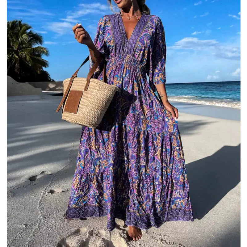 Furrzy Bohemian Style V-Neck Floral Maxi Dress for Women