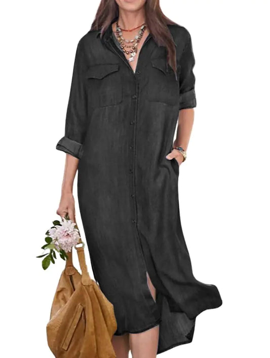 Furrzy Womens Summer Casual Denim Shirt Dress Roll Up Long Sleeve Loose Maxi Shift Jean Dress (X-Large Black)