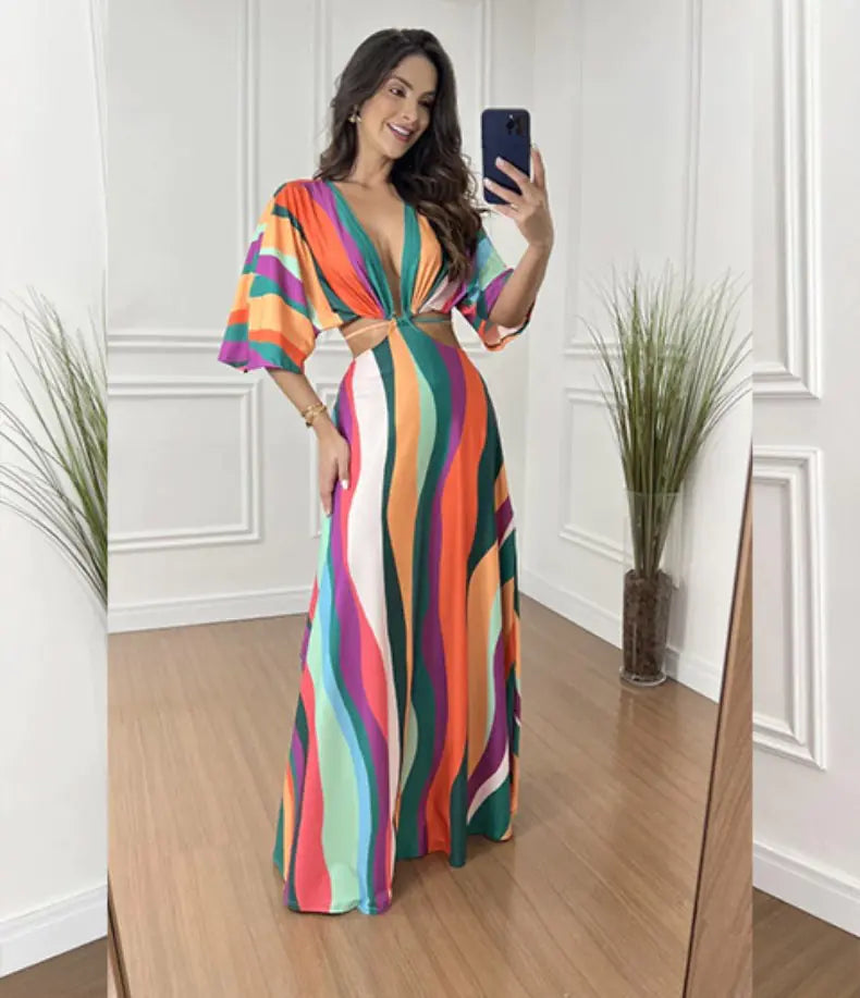 Furrzy Color Block Striped Backless Maxi Dress