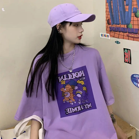 Furrzy Summer Korean Style Purple Oversized T-Shirt for Women