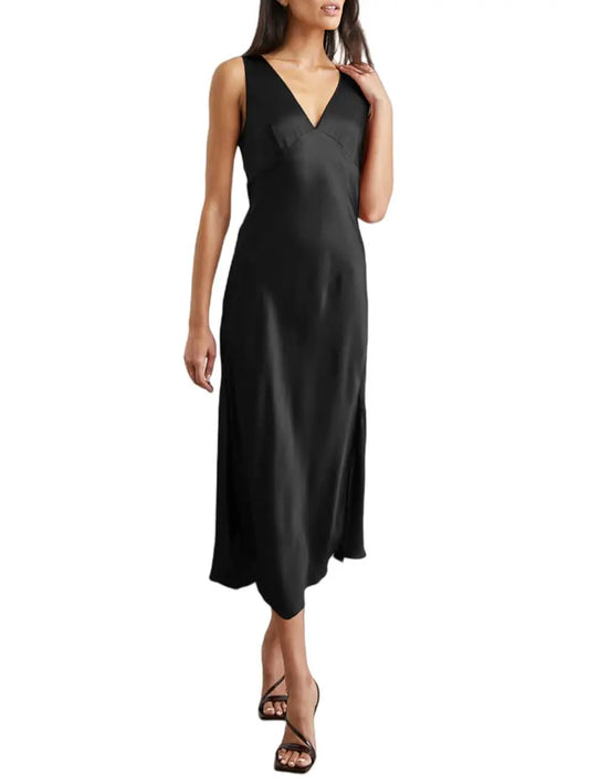 V Neck Satin Dress for Women Wedding Guest 2024 Sleeveless Black Satin Formal Cocktail Evening Dresses for Party Club High Split Silk Midi Dress
