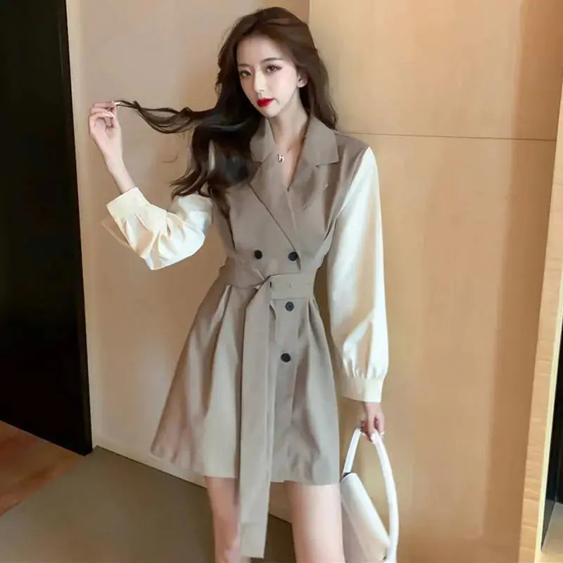 Furrzy Chic Khaki Color Spliced Sleeve Trench Dress