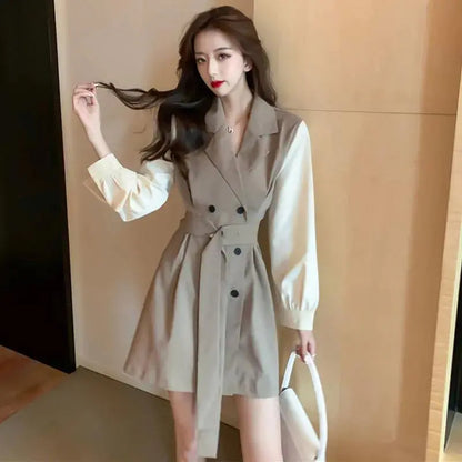 Furrzy Chic Khaki Color Spliced Sleeve Trench Dress
