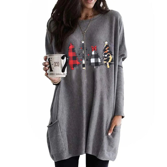 Furrzy Women Dress Shirt Christmas Long Sleeve Tunic Top Christmas Movie Watching Shirt Xmas Tree Oversized T-Shirt Blouse(Trees X-Large)