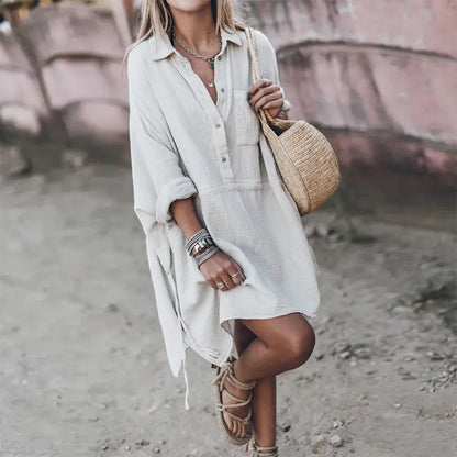 Furrzy Autumn Casual Loose Cotton Linen V-Neck Dress for Women