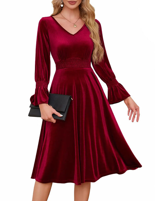 Furrzy Womens Velvet Long Sleeve Dress Vintage Cocktail Dress Tea Length Formal Swing Wedding Party Dress Dark Red XL