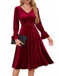 Furrzy Womens Velvet Long Sleeve Dress Vintage Cocktail Dress Tea Length Formal Swing Wedding Party Dress Dark Red XL