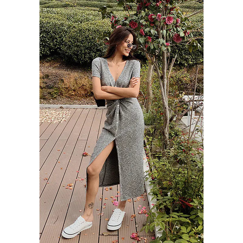 Furrzy Floral Gray Short Sleeve Twist Split Maxi Dress