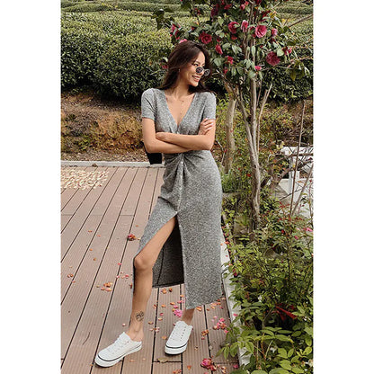 Furrzy Floral Gray Short Sleeve Twist Split Maxi Dress