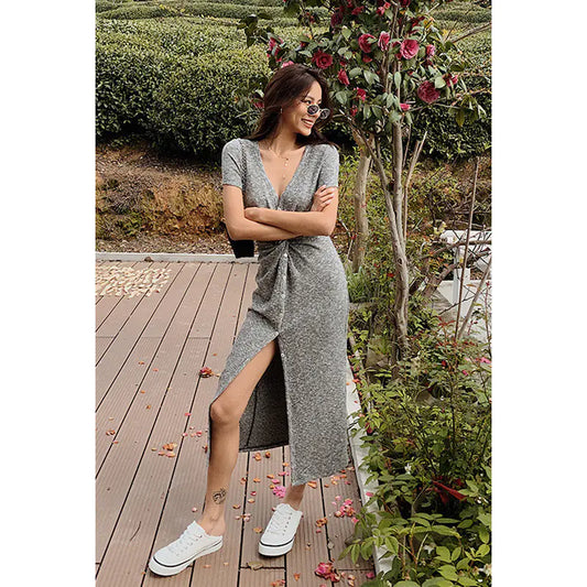 Furrzy Floral Gray Short Sleeve Twist Split Maxi Dress