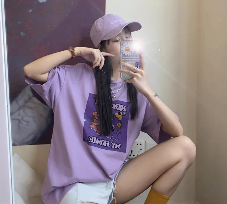 Furrzy Summer Korean Style Purple Oversized T-Shirt for Women