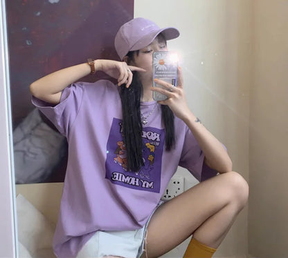 Furrzy Summer Korean Style Purple Oversized T-Shirt for Women