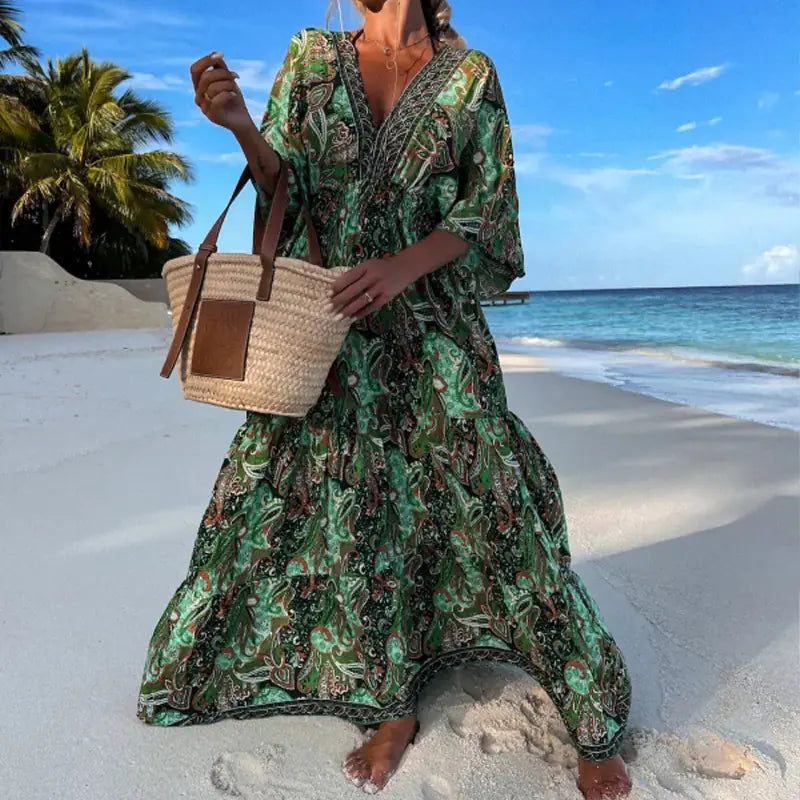 Furrzy Bohemian Style V-Neck Floral Maxi Dress for Women