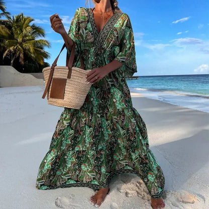 Furrzy Bohemian Style V-Neck Floral Maxi Dress for Women
