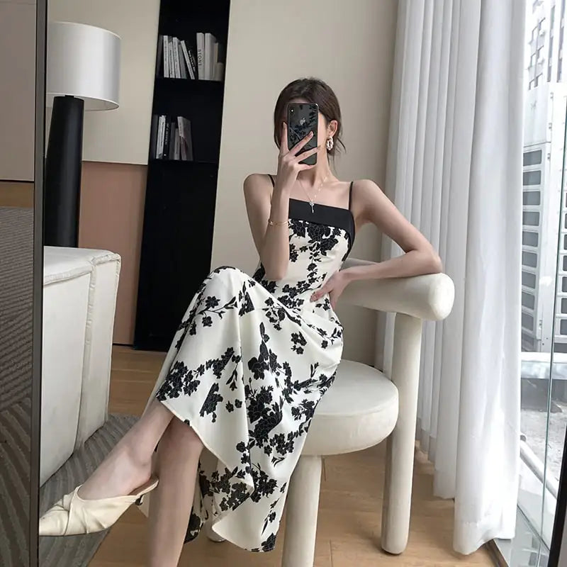 Furrzy Floral Print Maxi Dress with Spaghetti Straps