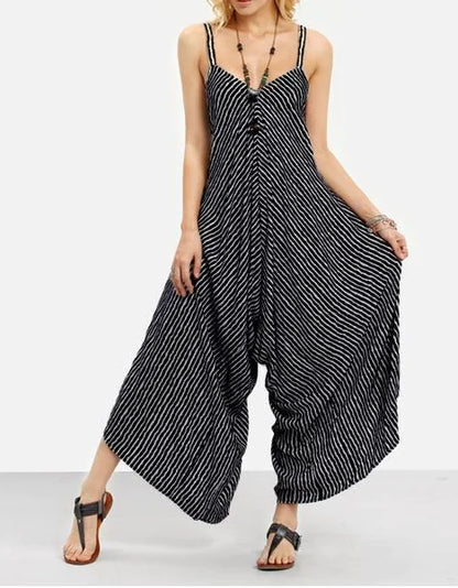 Furrzy Striped Jumpsuit Dress with Spaghetti Straps