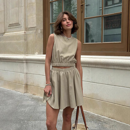Furrzy Cotton Linen Short Skirt Casual Set for Women