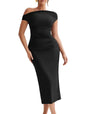 Furrzy Womens Elegant One Shoulder Sleeveless Bodycon Ruched Party Cocktail Formal Midi Dress Black