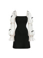 Furrzy Womens Mesh Puff Long Sleeve Bowknot Square Neck Party Bodycon Mini Dress Black Small