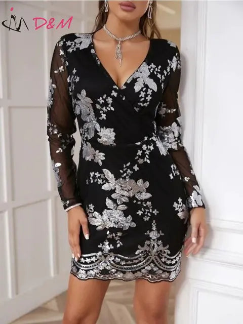 Furrzy Chic Long Sleeve Sheer Floral Sequin Evening Dress