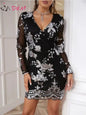 Furrzy Chic Long Sleeve Sheer Floral Sequin Evening Dress
