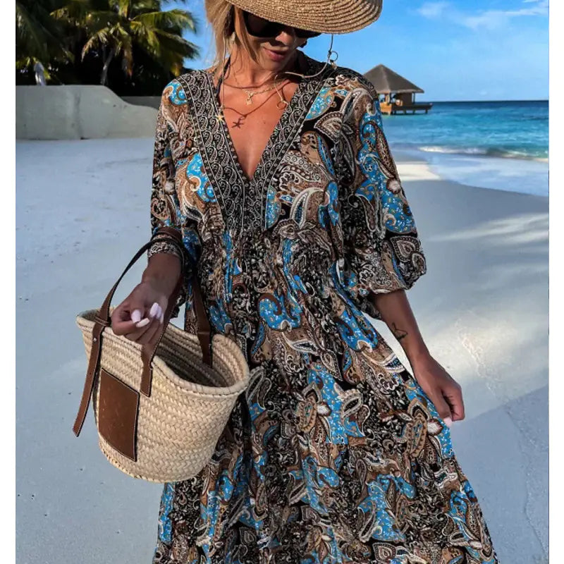 Furrzy Bohemian Style V-Neck Floral Maxi Dress for Women