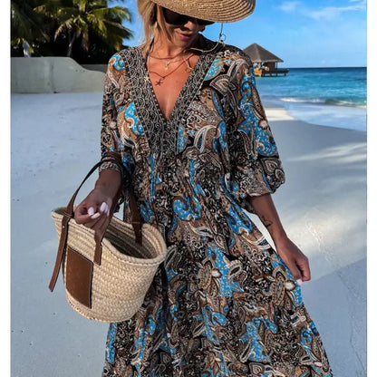 Furrzy Bohemian Style V-Neck Floral Maxi Dress for Women