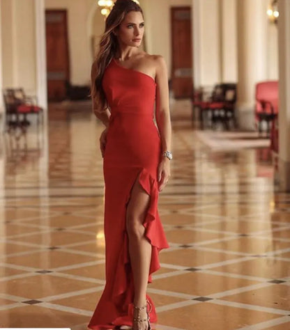 Ruffled Hem One-Shoulder Maxi Dress with Slit