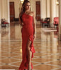 Ruffled Hem One-Shoulder Maxi Dress with Slit