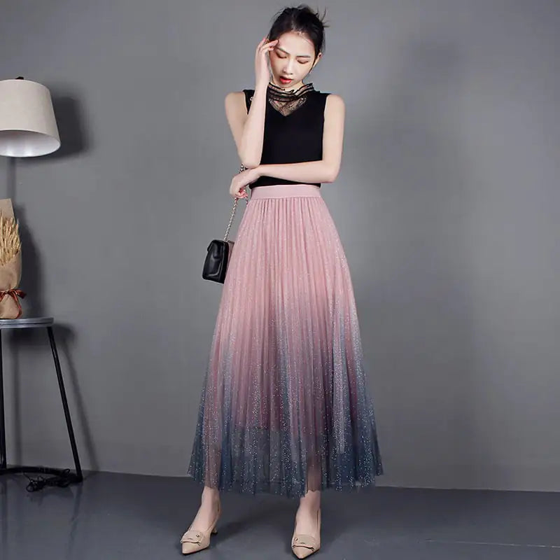 Furrzy High-Waisted Pleated Skirt with Gradient Mesh Design