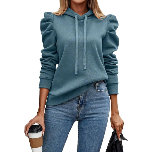 Furrzy Hoodies for Women Drawstring Puff Long Sleeve Sweatshirt Casual Loose Fit Hooded Neck Pullover Fashion Tunic Top Wear with Legging Boxy Fall Outfits 2024 Sweatshirt(A-Sky BlueXX-Large)