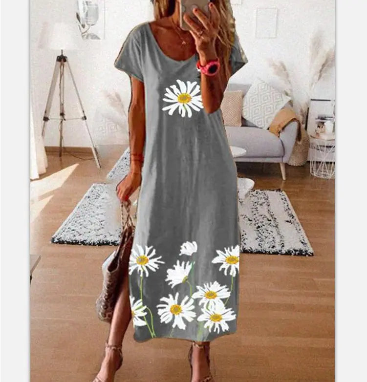 Daisy Print Maxi Dress with Side Slit for Women