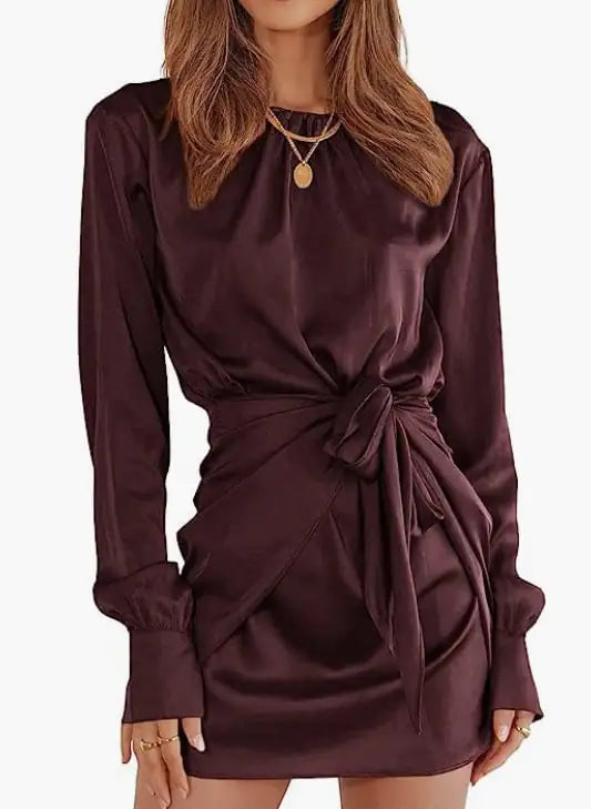 Furrzy Elegant Women's Satin Long Sleeve Cocktail Dress