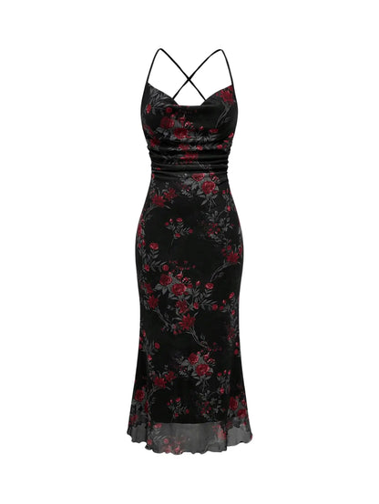Womens Floral Ruched Mesh Bodycon Maxi Dress Cowl Neck Long Cami Dress Black X-Large