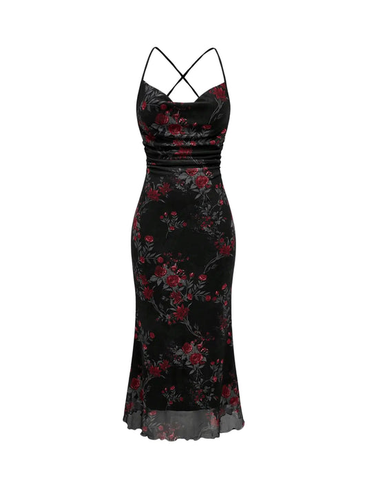 Womens Floral Ruched Mesh Bodycon Maxi Dress Cowl Neck Long Cami Dress Black X-Large